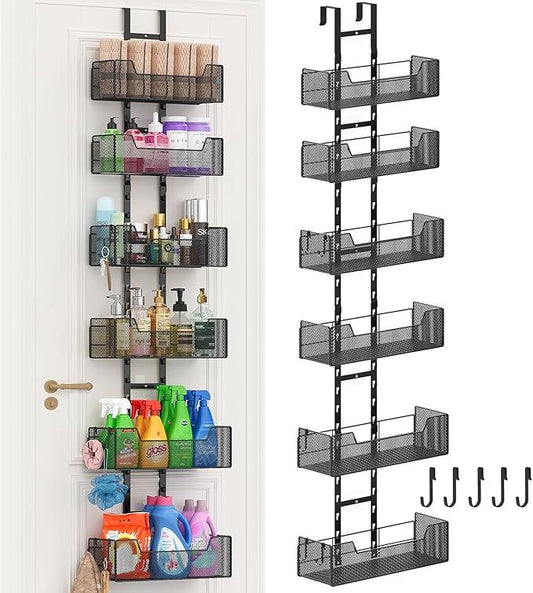 Over The Door Organizer, Metal Hanging Door Organizer with 6 Adjustable Baskets and 5 Hooks, Behind The Door Storage for Closet Cabinet Kitchen Bathroom Bedroom Pantry Organizer, Black - NeatNest