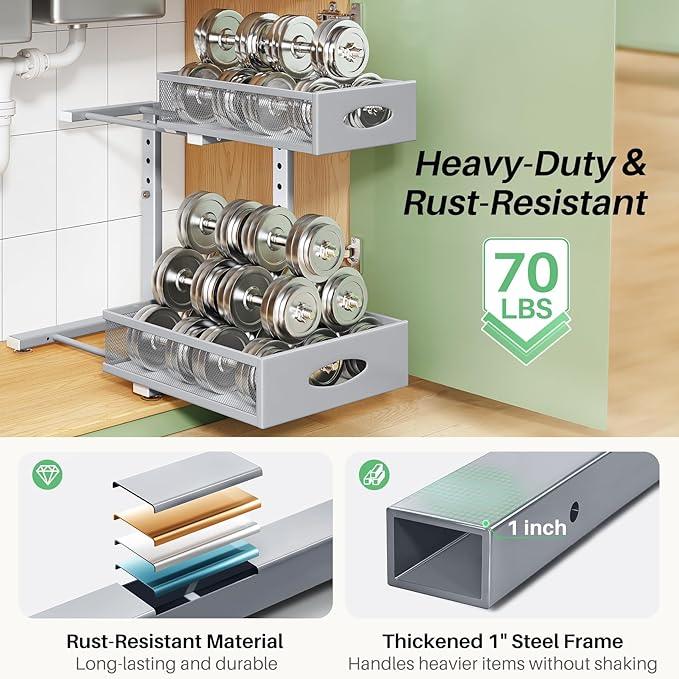 Under Sink Organizer, 1-Pack Pull Out Cabinet Organizer 2 Tier Metal Slide Out Storage Shelf Rack, L-Shaped Adjustable Height,Mesh Sliding Drawer for Kitchen, Bathroom, Laundry, Pantry, Grey, XL - NeatNest