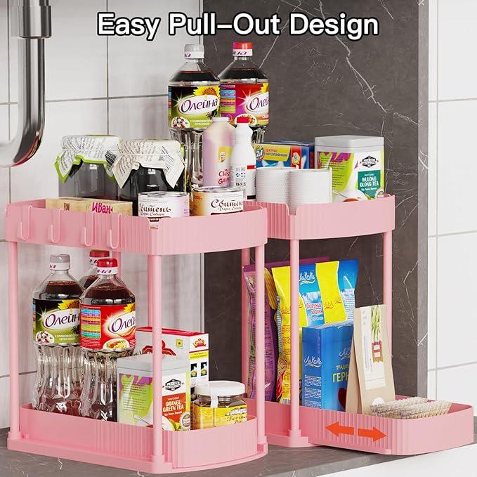 2 Pack Multi-Purpose Pull-Out Storage Organizers, Under Sink Organizers and Storage for Bathroom & Kitchen, Under Cabinet Organizers and storage, 14.8 Inch, Pink - NeatNest