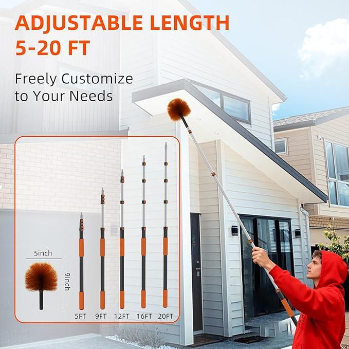 26 FT Cobweb Duster with Extension Pole, Cobweb Duster with 5-20FT Telescoping Extension Pole, Cleans Spider Webs, Washable & Reusable for High Ceilings, Fans & Outdoor & Indoor Cleaning - NeatNest