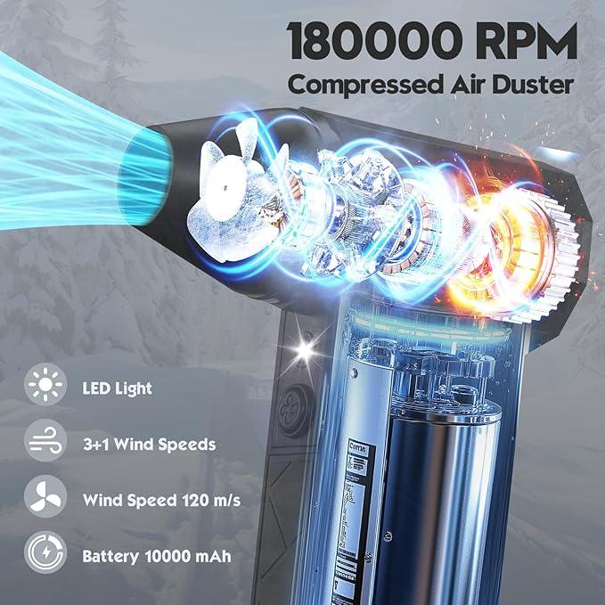Compressed Air Duster, 180000RPM Electric Air Duster Whit LED Lighting & 9 Brush, 4 Gear Adjustable Turbo Fan, Cordless Air Blower Rechargeable, Air Duster for PC/Laptop/Keyboard/Car/Home Cleaner - NeatNest