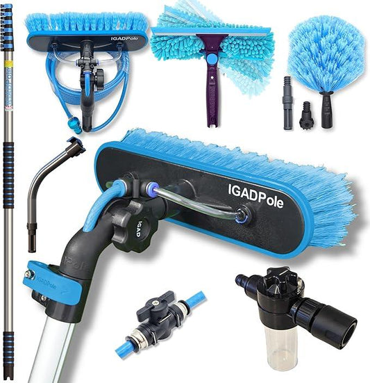 IGADPole 28 FT Water-Fed Washing Kit with Soap-Dispenser, Brush, 10″ Squeegee & Cobweb Duster for Windows, Gutters, Solar Panels & Exterior Walls - NeatNest