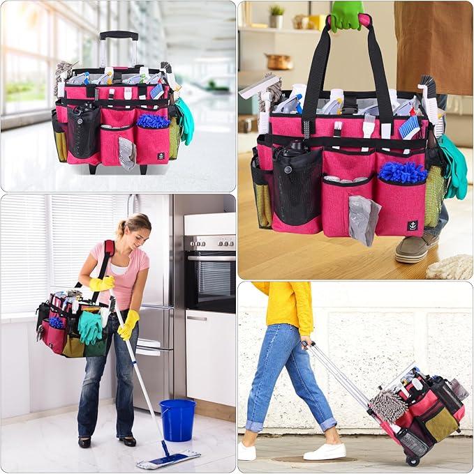 Extra Large Rolling Cleaning Caddy Bag with Detachable, Foldable Trolley Portable Cleaning Cart for Housekeeping Cleaning Caddy with Adjustable Shoulder Strap and Multiple Storage Pockets - NeatNest