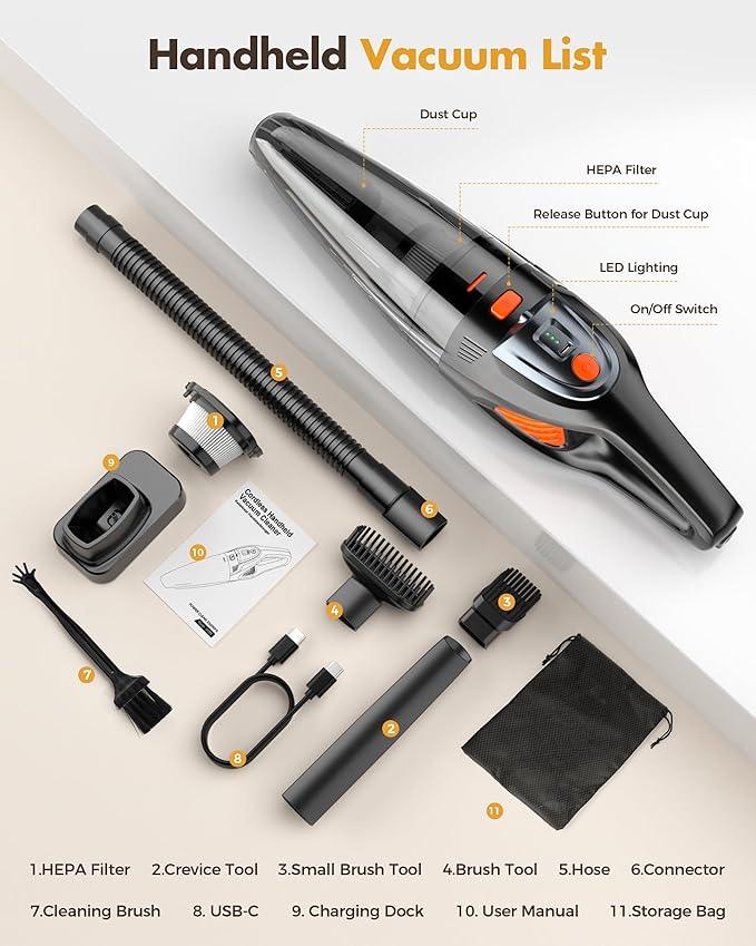 Handheld Vacuum Cordless 25000PA Powerful Suction, Portable Car Vacuum, 3 in 1 Hand Held Vacuum Rechargeable 8000mAh with LED Light, HEPA Filter, Home, Car Seats, Office, Pet Hair, Dust Buster - NeatNest