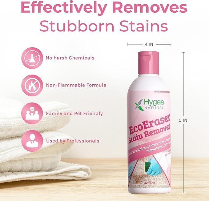 Hygea Natural EcoEraser Stain & Odor Remover - Liquid Formula for Carpet, Rugs, Upholstery, Fabrics - Deodorizing Pet Spot Cleaner (32 oz) - NeatNest