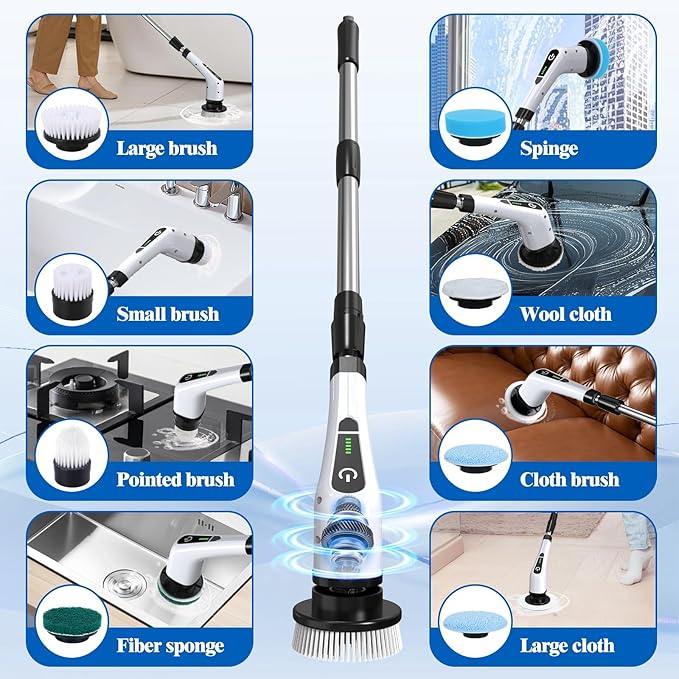 Electric Spin Scrubber, Cordless Bath Tub Power Scrubber with 8 Replaceable Drill Brush Heads, Shower Cleaning Brush with Adjustable Handle for Bathroom, Tile Floor & Car, White, (ANS-8050) - NeatNest