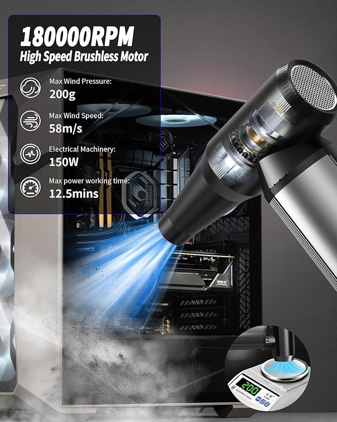 Electric Air Duster, 180000RPM Super Power Cordless Air Duster with LED Light, 3-Gear Adjustable Mini Blower with Fast Charging, Dust Blower for Cleaning Computer, Keyboard, Car, House and Outdoor - NeatNest