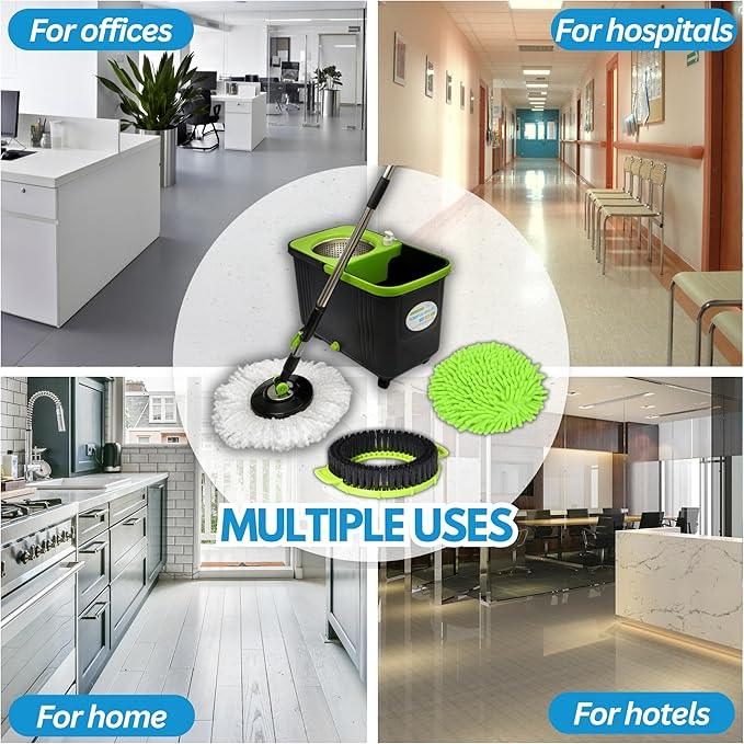 Spin Mop and Bucket P SS 003 with 1 Floor Brush and 1 Chenille Car Wash Mop for Home & Office Cleaning -360 Rotating Mop Spinner and Bucket with 61'' Stainless Steel Mop Handle - NeatNest