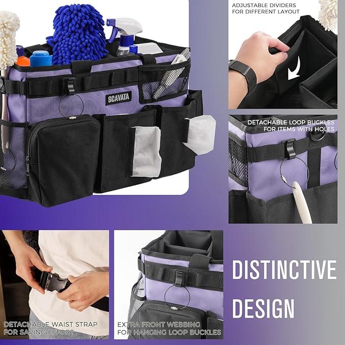 Wearable Cleaning Caddy Bag, Cleaning Caddy Supplies Organizer with Handle & Shoulder Straps for Housekeepers, Under Sink & Car Cleaning Tool Organizers with 4 Foldable Divider (Purple) - NeatNest
