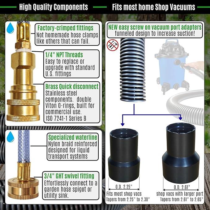 Hi Detail Shop Vac Extractor Kit with Wand and Hose, Adapter Converts Vacuum to carpet & upholstery Extractor for auto detailing & home (50 Ft Waterline, 15 Ft Vac Hose) - NeatNest