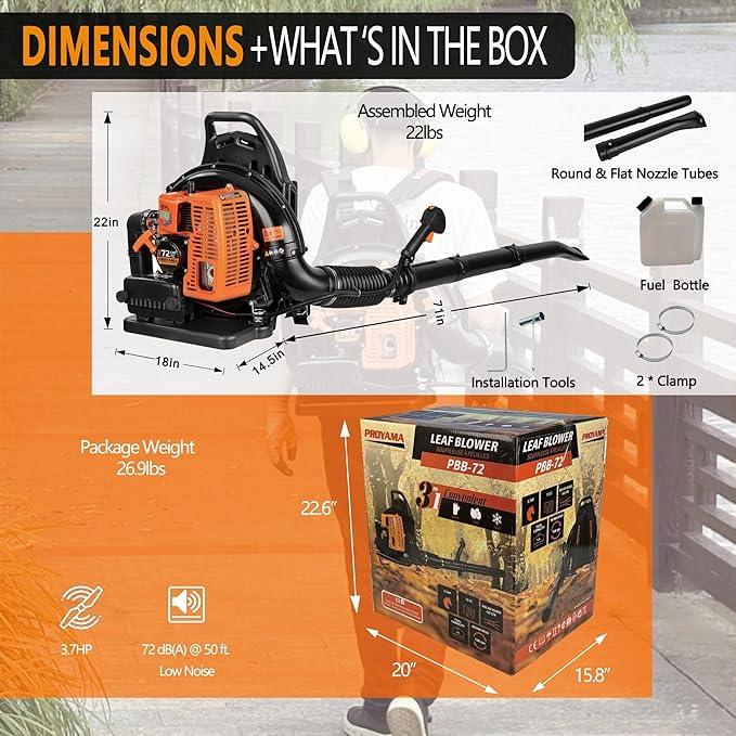 PROYAMA 72CC Gas Backpack Leaf Blower, 2-Cycle 880CFM 275MPH Gas Powered Engine, 2 in 1 Nozzle Low Vibration and Ergonomic Design with Cruise Control for Outdoor GardenYard Cleaning and Snow Removal - NeatNest