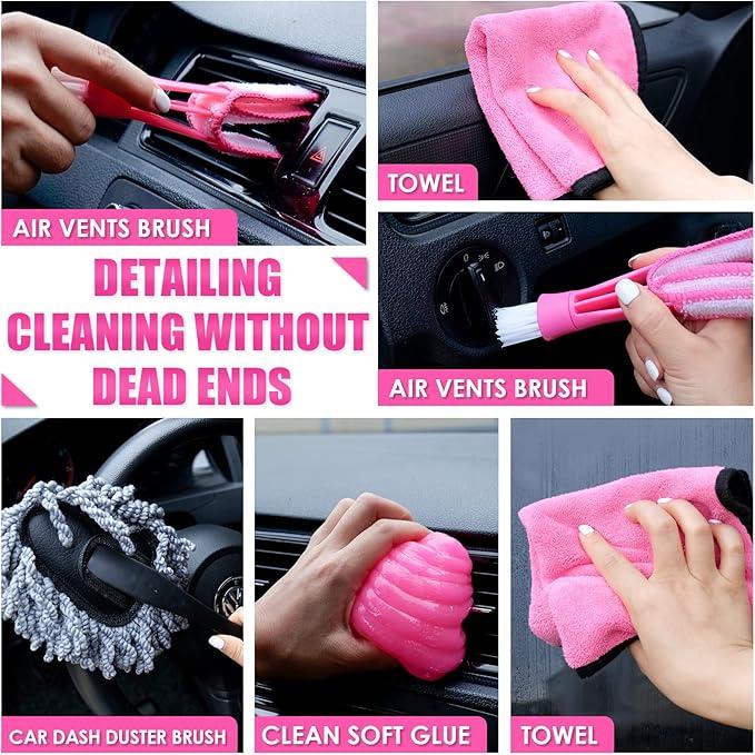Viewsun 17pcs Car Cleaning Kit, Pink Car Interior Detailing Kit with High Power Handheld Vacuum, Detailing Brush Set, Windshield Cleaner, Cleaning Gel, Complete Auto Accessories for Women Gift - NeatNest