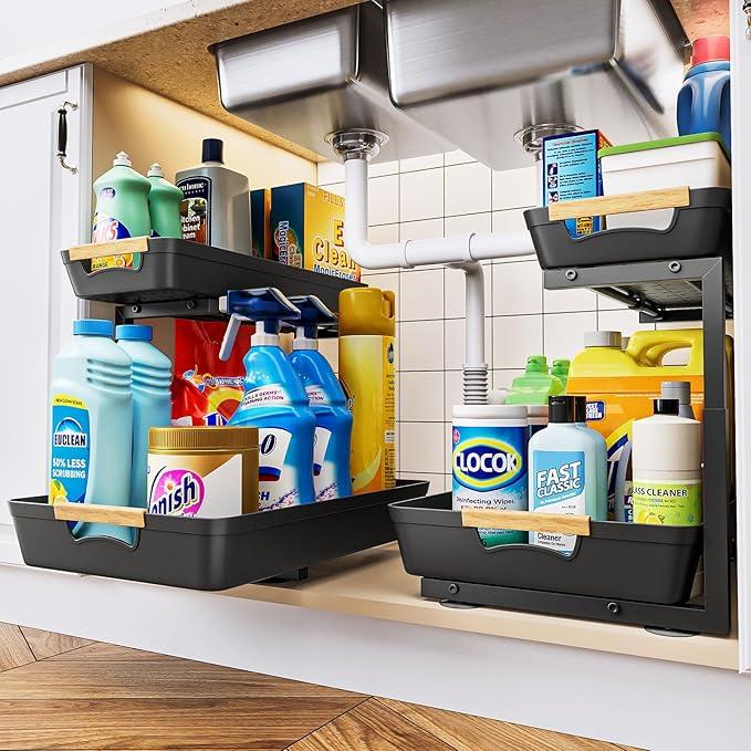 Under Sink Organizer, 2 Tier Adjustable Height Under Sink Organizers and Storage, L-Shaped Slide Out Pull Out Cabinet Organizers for Bathroom Kitchen Pantry (2 Pack, Black) - NeatNest