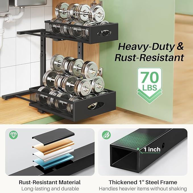 Under Sink Organizer, 2-Pack Pull Out Cabinet Organizer 2 Tier Metal Slide Out Storage Shelf Rack, L-Shaped Adjustable Height,Mesh Sliding Drawer for Kitchen, Bathroom, Laundry, Pantry, Black, XL - NeatNest