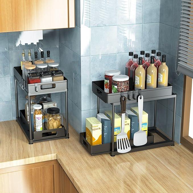 Under Sink Organizers and Storage, 2 Pack Large Capacity Heavy Load Double Pull-out Under Sink Shelves with Sliding Drawer for Kitchen and Bathroom, Black - NeatNest