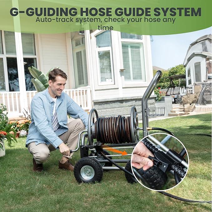 Giraffe Tools Heavy Duty Garden Hose Reel Cart with Wheels - Industrial Outdoor Hose Storage Reel, Pre-Installed Guide for 250-Feet of 5/8" Hose Capacity - NeatNest