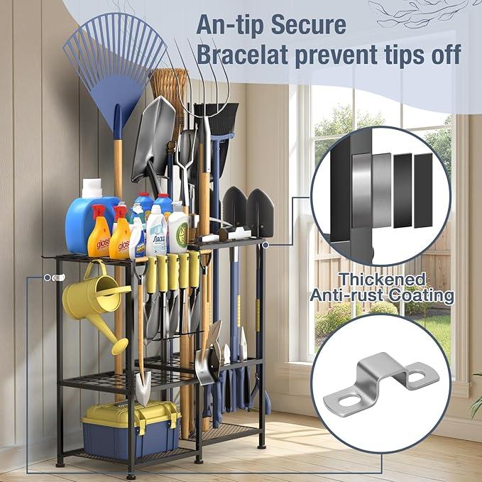 Garden Tool Organizer, Metal Yard Tool Organizer,Holds 70 Long-Handled Tools/Rakes/Brooms,Side Garden Pocket,Heavy Duty Steel Yard Tool Storage Rack for Garage,Shed, Outdoor(Black-Large) - NeatNest
