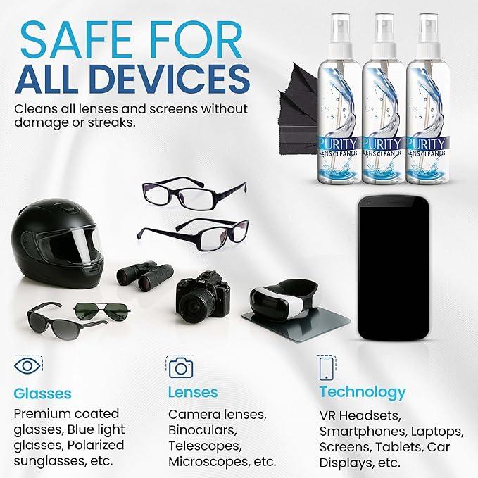 Purity Eyeglass Lens Cleaner Spray Kit - 3 x 8oz Lens Cleaner Spray Bottle + 2 Microfiber Cloth for Cleaning - Safe for All Lenses (AR Coated Included), Eyeglasses and Screens - NeatNest