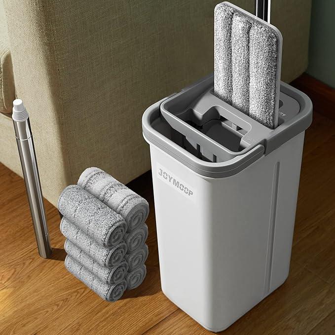 JOYMOOP Mop and Bucket with Wringer Set, Hands Free Flat Floor Mop and Bucket, with 8 Washable Microfiber Pads, Wet and Dry Use, Floor Cleaning System - NeatNest