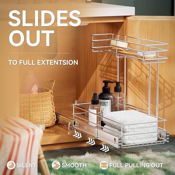 Under Sink Organizer 9"W X18.5"D，Pull Out Cabinet Organizer 2 Tier，Under Sink Slide Out Organizer Chrome Plated, Under Kitchen Bathroom Sink Organizer, Pantry Cabinet Closet Organization Rack, 1 Pack - NeatNest