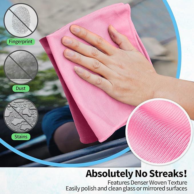 HOMERHYME Microfiber Cleaning Cloth - 10 Pack Glasses Cleaning Cloth, 16" x 14" Window Cleaning Rags, Streak Free Lint Free Polishing Cloths Wipes for Eye Glass, Stainless Steel, Windshield, Pink - NeatNest