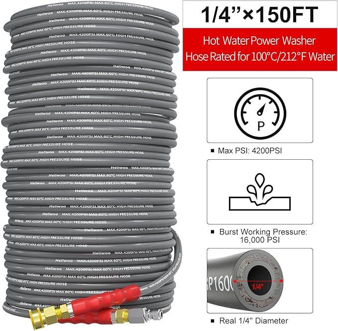 Pressure Washer Hose 150ft, 4200PSI 1/4 Inch Kink Resistant Power Washer Extension Hose, Flexible Heavy Duty Replacement Hose, Compatible with M22 14mm Fittings, High Tensile Wire Braid - NeatNest