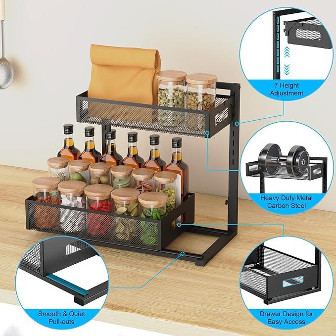Under Sink Organizer Pull Out Cabinet Organizer Adjustable Height 2 Tier with Sliding Drawers Kitchen Bathroom Organizer and Storage(1pc) - NeatNest