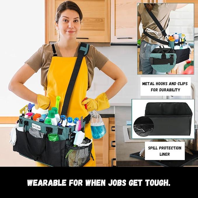 Wearable Cleaning Caddy – Portable Detailing Organizer with Spill-Proof Liner, Straps & Handles – Large Tote for Cleaning Pros, Auto Detailers, and Housekeepers – Green/Gray - NeatNest