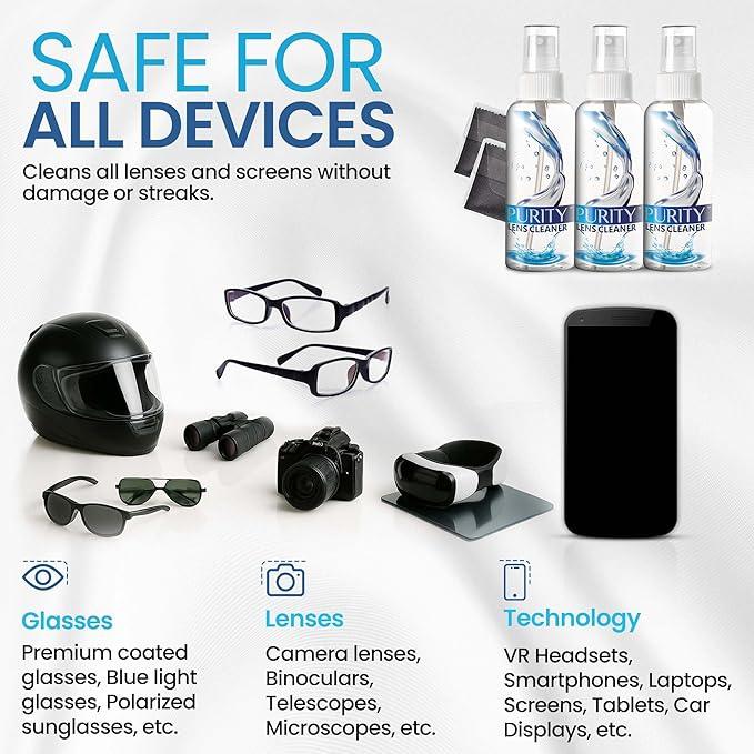 Purity Eyeglass Lens Cleaner Kit - 3 x 2oz Travel Size Lens Cleaner Spray Bottle + 2 Microfiber Cleaning Cloths - Safe for All Lenses (AR Coated Included), Eyeglasses and Screens - Clear - NeatNest