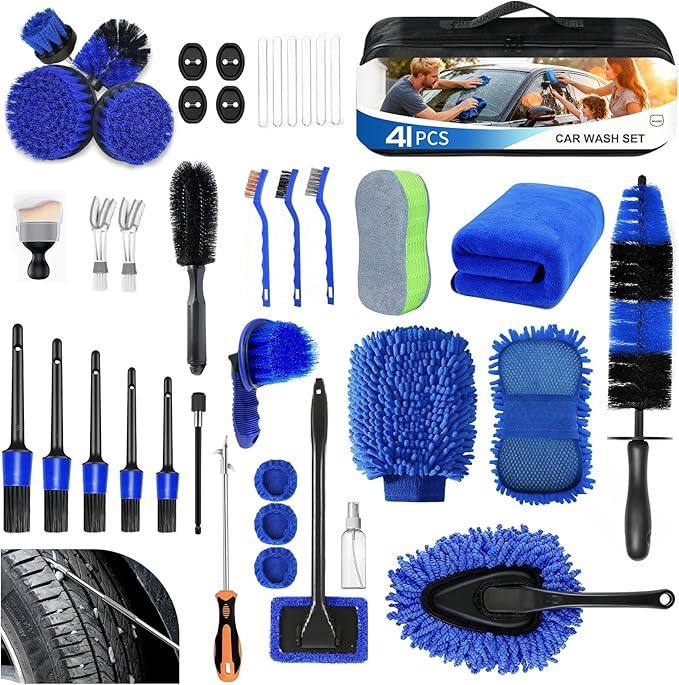 MIAOKE 41Pcs Professional Car Detailing Kit, Car Wash Kit with Portable Handbag, Wet and Dry Use Car Cleaning Kit, Durable Drill Brush, Apply to Interior, Exterior, Wheels, Trucks, Motorcycles - NeatNest