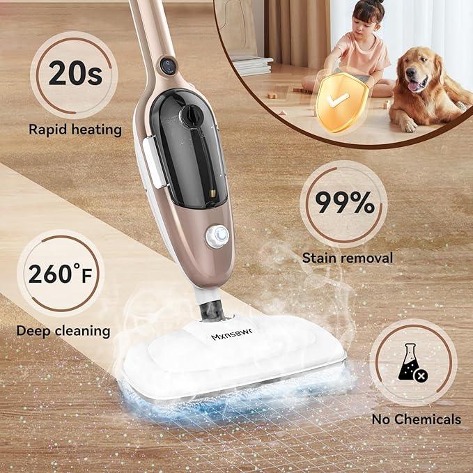 Steam Mop - All-in-one Powerful Handheld Steam Cleaner Detachable Floor Steamer with 11 Accessories, MultiPurpose Steamer for Hardwood Floors, Clothes,Windows,Tiles,Carpet, Whole Home Use, Rose Gold - NeatNest