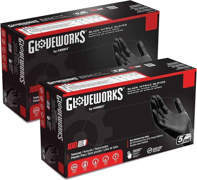 GLOVEWORKS Black Disposable Nitrile Industrial Gloves 5 Mil, Latex/Powder-Free, Food-Safe, Textured - NeatNest