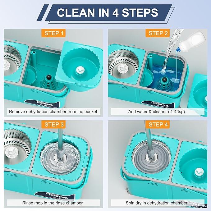 Gen 2 Smart Mop Bucket – 2025 with Wringer on Wheels,Clean & Dirty Water Separation,Spin Mop and Bucket with 6 Reusable Mop Heads, 360° Swivel Wheels for Home Cleaning-Blue - NeatNest