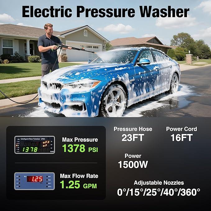 Pressure Washer, 2025 Upgraded 1500W Power Washer with No-Bend 360° Nozzle, Foam Cannon & 4-Nozzle Set, Portable Pressure Washer Cleaning Machine for Cars & Undercarriage Cleaning Driveways - NeatNest