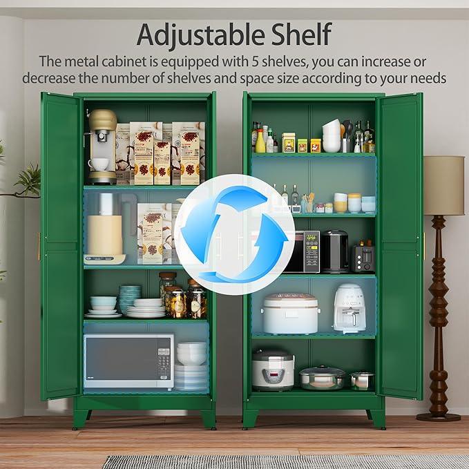 Green Metal Storage Cabinet,75" Steel Cabinets for Home Office, Kitchen Pantry Storage Cabinet with Doors and 5 Adjustable Shelves, Tool Cabinets, for Office, Home, Garage, School - NeatNest