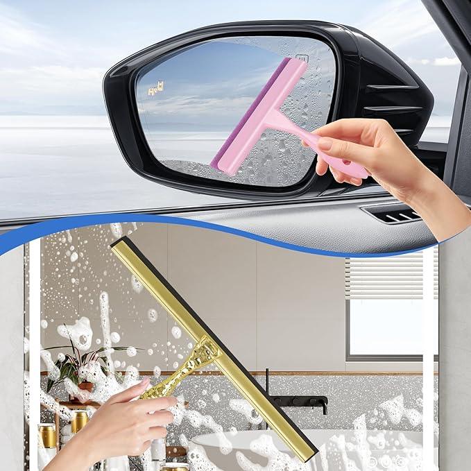 2-Pack Shower Squeegee for Glass Doors, 12 inch Gold Stainless Steel & 5 inch Pink Mini with 2 Gold Hooks, Non-Slip Hammered Handle, Silicone Wiper for Shower, Bathroom, Tile and Mirror - NeatNest