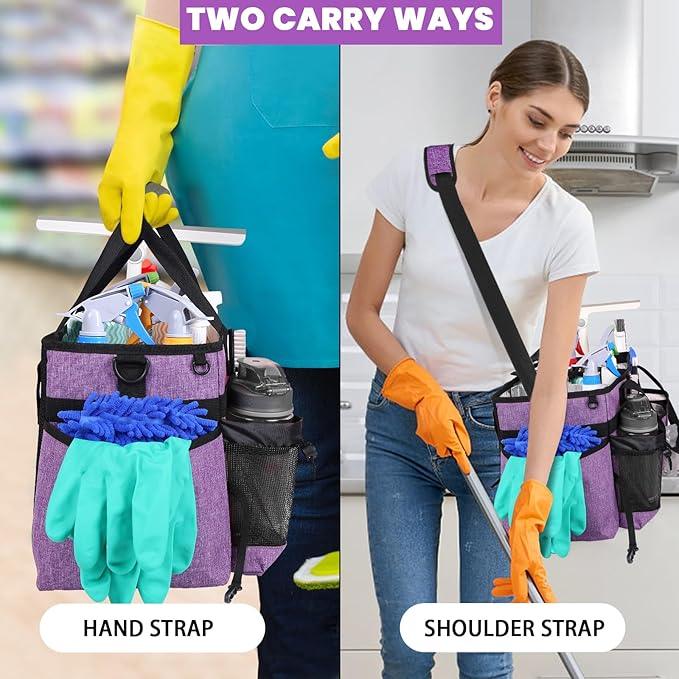 Large Cleaning Caddy Bag Built-in Sturdy Support Board, Cleaning Organizer with Detachable Divider, Cleaning Supply Tote with Adjustable Shoulder Strap&Waist Belt for Cleaners & Housekeeper - NeatNest