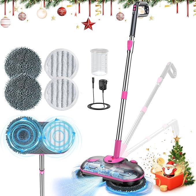ScrubWiz Electric Spin Mop with Water Sprayer, Cordless Self-Propelled Floor Cleaner for Hardwood & Tile, Quiet Cleaning, Adjustable Handle, 2500mAh Long-Lasting Battery, 300ml Tank, Pink - NeatNest