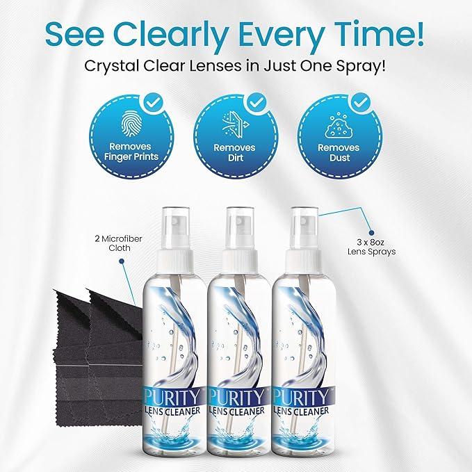 Purity Eyeglass Lens Cleaner Spray Kit - 3 x 8oz Lens Cleaner Spray Bottle + 2 Microfiber Cloth for Cleaning - Safe for All Lenses (AR Coated Included), Eyeglasses and Screens - NeatNest