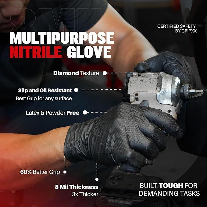 Herkules Grip Heavy Duty 8Mil Black Nitrile Gloves,3D Raised Diamond Texture-Latex & Powder-Free Industrial, Mechanic - NeatNest