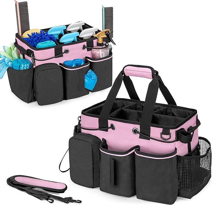 LoDrid Large Professional Cleaning Caddy with Detachable Divider, Supply Organizer with Handle and Shoulder Strap, Cleaning Bags for Housekeepers & Cleaners, Pink - NeatNest