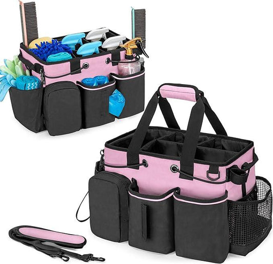 LoDrid Large Professional Cleaning Caddy with Detachable Divider, Supply Organizer with Handle and Shoulder Strap, Cleaning Bags for Housekeepers & Cleaners, Pink - NeatNest