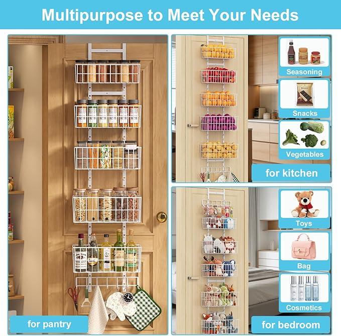 Adjustable Over The Door Organizer, Metal Hanging Door Organizer with 5 Wire Basket 7 Hooks, Wall Mounted Shelf for Pantry Closet Organization and Storage, White - NeatNest