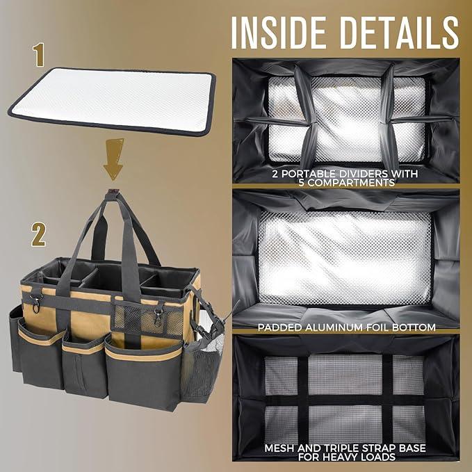 Wearable Cleaning Caddy Organizer with Handle & Shoulder Straps for Housekeepers, Under Sink & Car Cleaning Tool Organizer Bag with 4 Foldable Dividers (Tan) - NeatNest