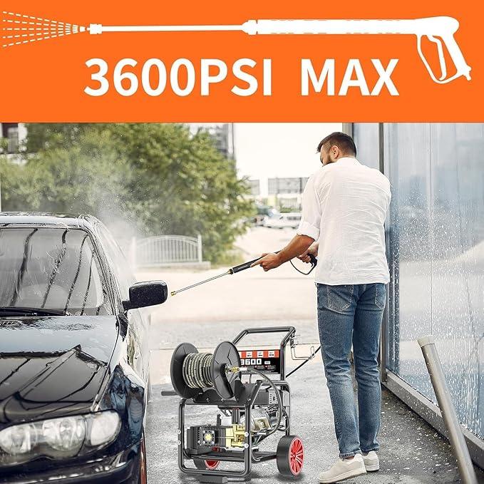 3600 PSI Gas Powered Commercial High Pressure Washer with 212cc 4HP Engine 3.3GPM Electric Start, Includes Hose Reel 50 FT 3/8 inch Hose 5 Quick Connect Nozzles Spray Gun and Wand - NeatNest