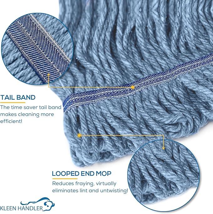 KLEEN HANDLER HEAVY DUTY Commercial Mop Head Replacement, Wet Industrial Cotton Looped End String Cleaning Mop Head Refill, Blue Mop, Universal Headband - NeatNest
