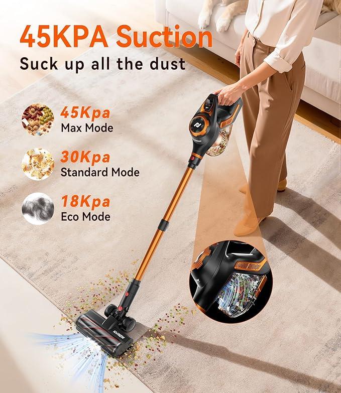 Cordless Vacuum Cleaner for Home, 45Kpa Stick Vacuum, Max 80mins Runtime, 1.5L Dust Cup, Rechargeable Lightweight Handheld Vacuum for Carpet/Hardwood Floor/Pet Hair/Car (Sunset Orange) - NeatNest