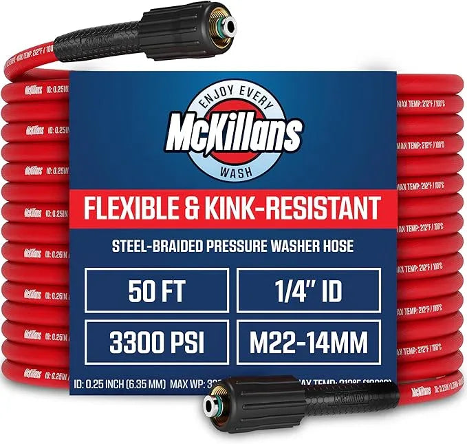 McKillans® Pressure Washer Hose 50 ft - Flexible & Kink-resistant - Steel-Braided & Durable- M22-14mm Stainless Steel Plug - Power Washer Hose - High Pressure 1/4" Inner Diameter - Long 50 ft Reach - NeatNest