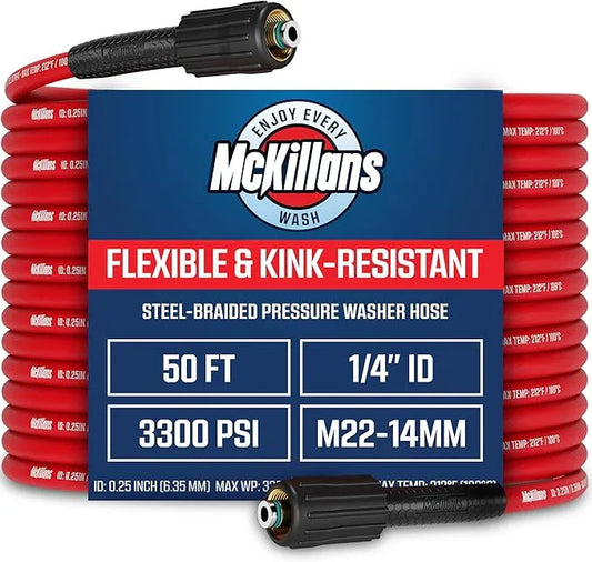 McKillans® Pressure Washer Hose 50 ft - Flexible & Kink-resistant - Steel-Braided & Durable- M22-14mm Stainless Steel Plug - Power Washer Hose - High Pressure 1/4" Inner Diameter - Long 50 ft Reach - NeatNest