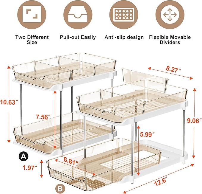 Delamu 2-Tier Multi-Purpose Bathroom Under Sink Organizers and Storage, Stackable Kitchen Pantry Organization, Pull Out Medicine Cabinet Organizer with Movable Dividers, Amber, 2 Pack - NeatNest